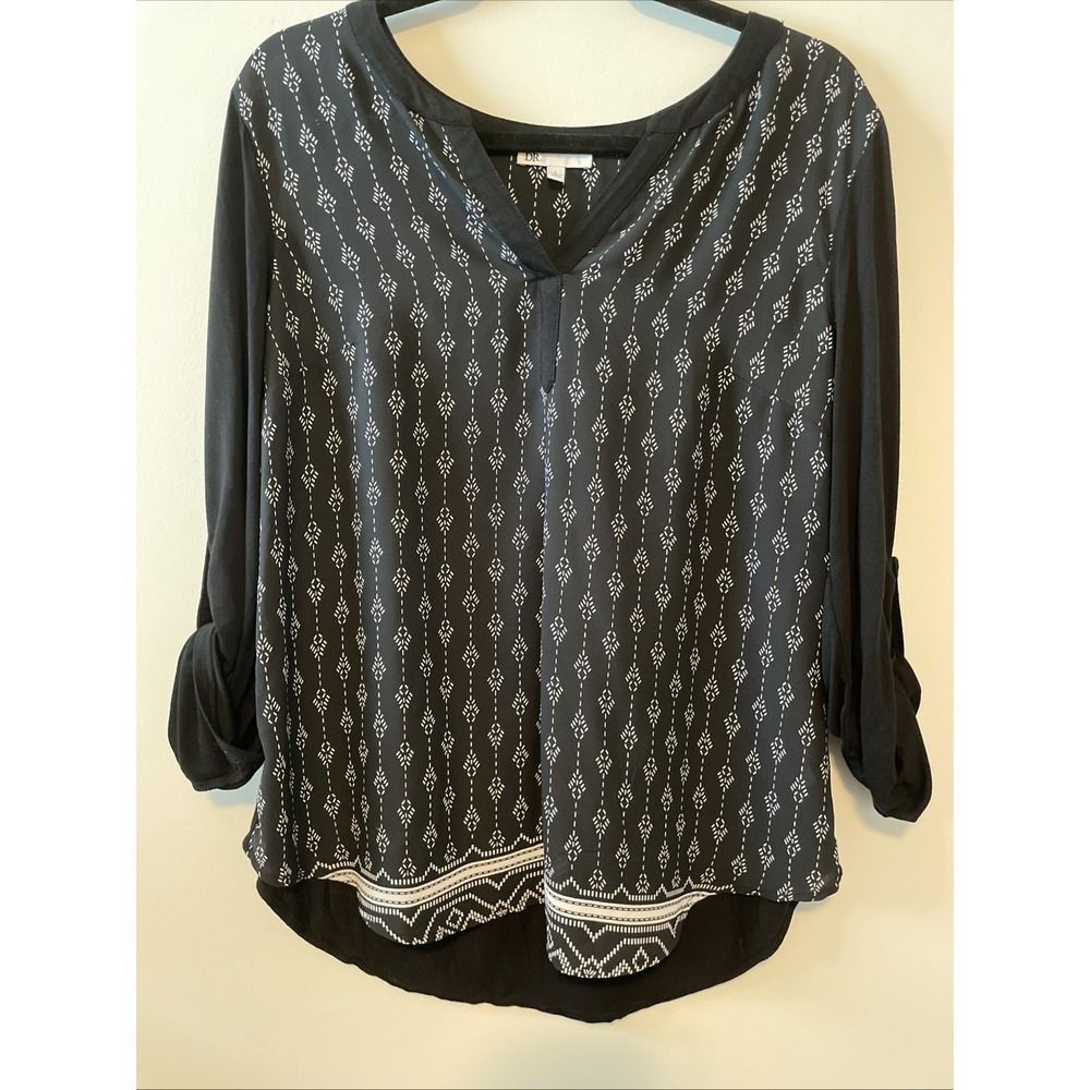 DR2 Large Black‎ Boho Peasant Blouse Roll Tab Sleeve High Low Top